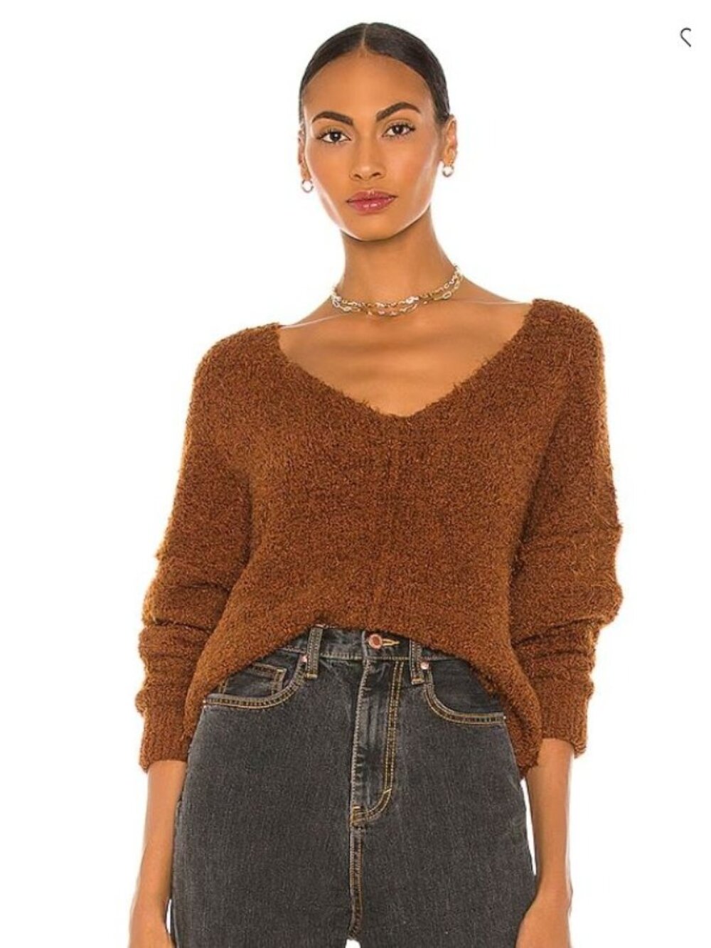 Free People Sweater Large Icing V Neck Fuzzy Knit Mocha Java Brown Eyelash